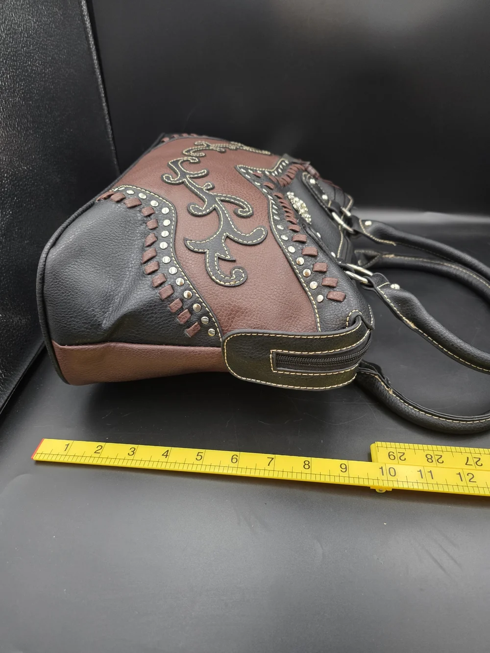 Embellished Two-Tone Black and Brown Satchel Handbag